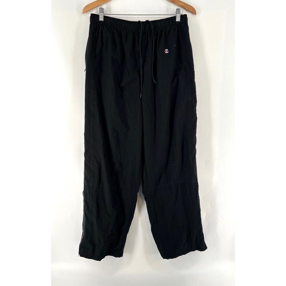 Vtg Jerzees Activewear Black Track Pants L Windpants Mesh Lined Zip Leg Stripe